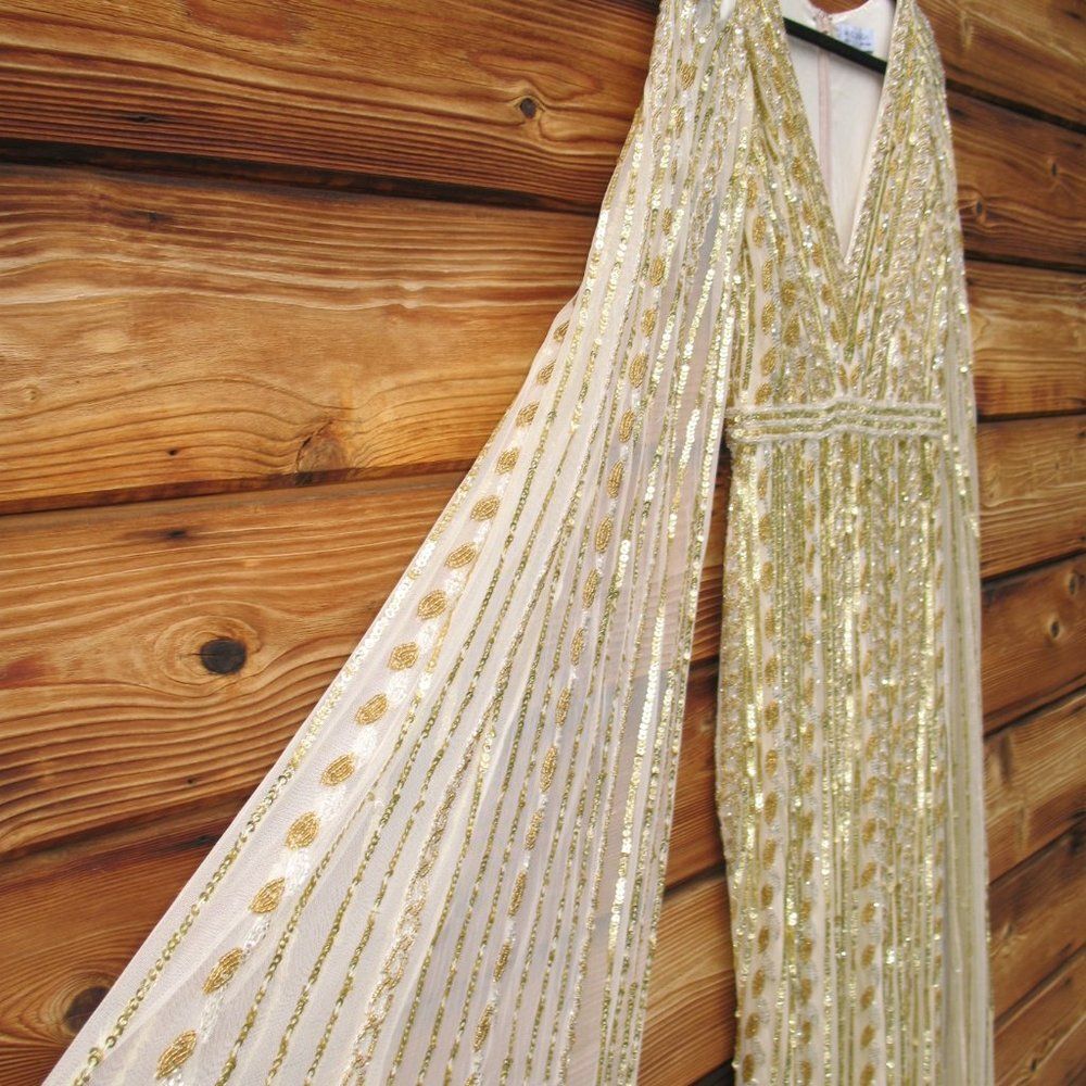 NWT Mac Duggal 5915 SEQUINED V-NECK GOWN Dress WITH CAPE SLEEVES Nude Silver 8 - Picture 8 of 15